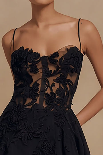 Simple A Line Spaghetti Straps Little Black Dress with Lace